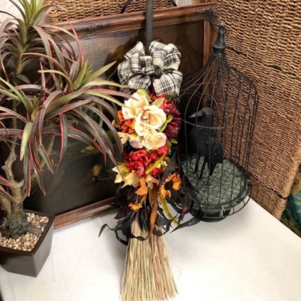 Handcrafted Fall floral decorated broom with a black & cream plaid bow - Picture 6 of 6
